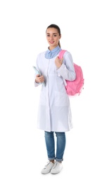 Photo of Young medical student with notebooks and backpack on white background