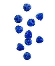 Image of Many fresh blue raspberries falling on white background