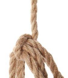 Photo of Bundle of hemp rope on white background