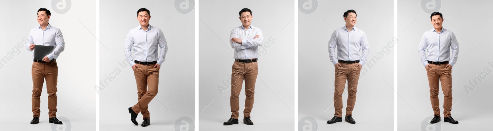 Image of Full length portrait of Asian man on light grey background, set with photos