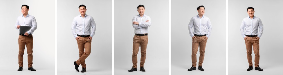 Image of Full length portrait of Asian man on light grey background, set with photos