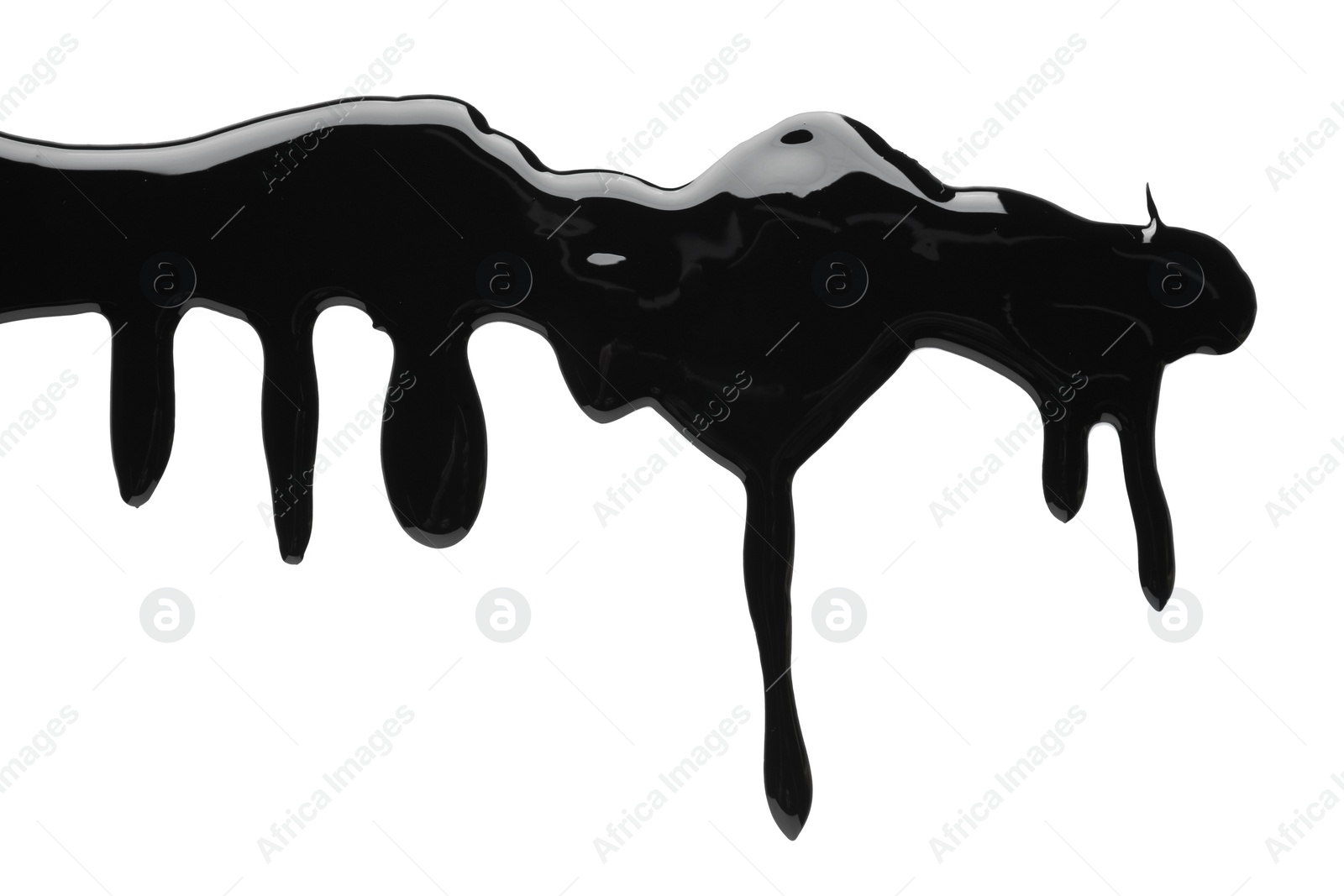 Photo of Black glossy paint spilled on white background, top view