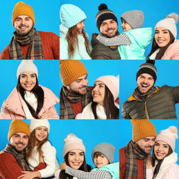 Image of Collage with photos of people wearing warm clothes on blue background. Winter vacation