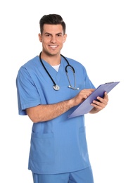 Photo of Portrait of medical doctor with clipboard and stethoscope isolated on white