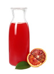 Photo of Tasty sicilian orange juice in glass bottle on white background