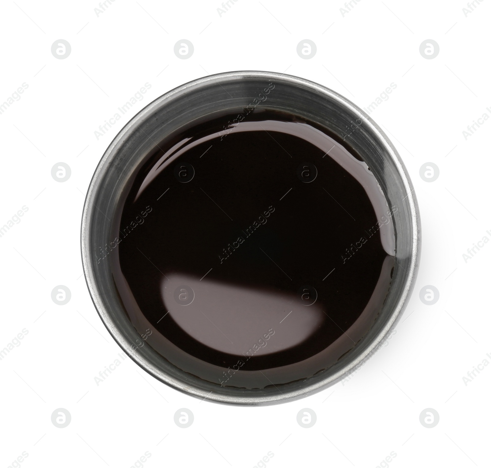 Photo of Tasty soy sauce in bowl isolated on white, top view