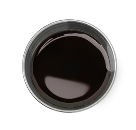 Tasty soy sauce in bowl isolated on white, top view