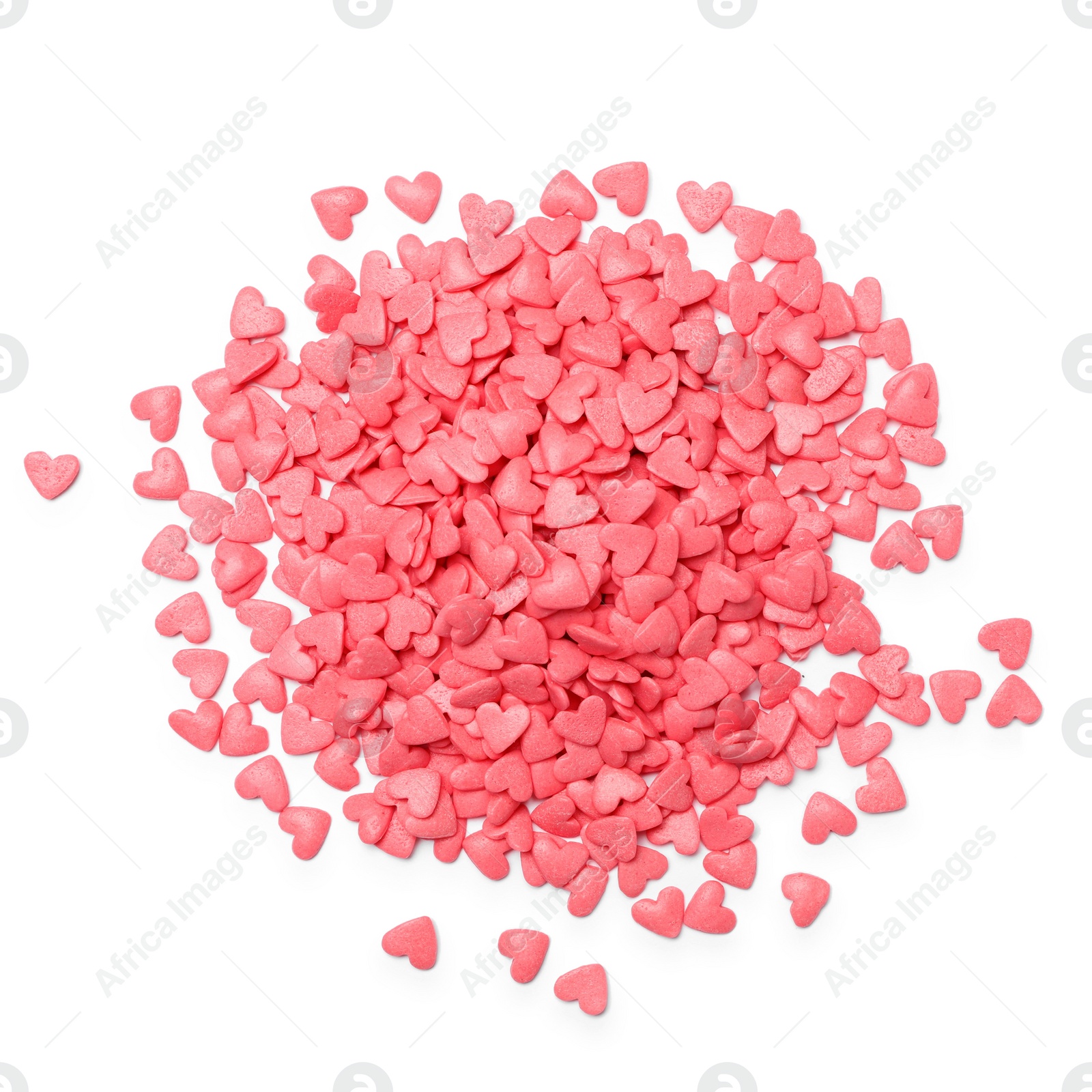 Photo of Pile of sweet candy hearts on white background, top view