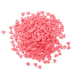 Photo of Pile of sweet candy hearts on white background, top view