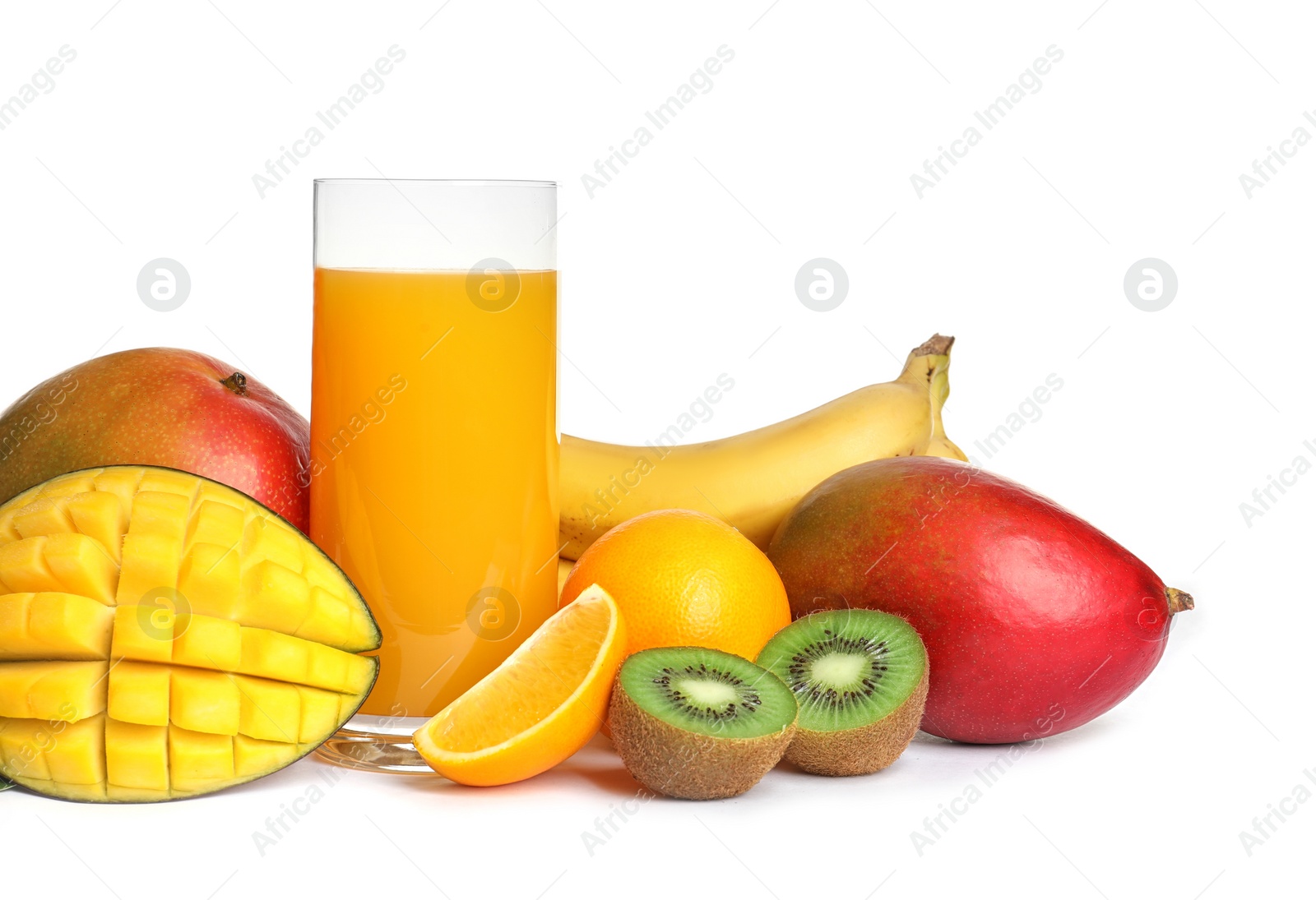 Photo of Mango juice and fresh tropical fruits, isolated on white