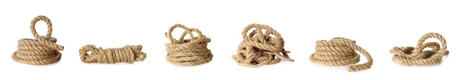 Set with bundles of hemp ropes on white background