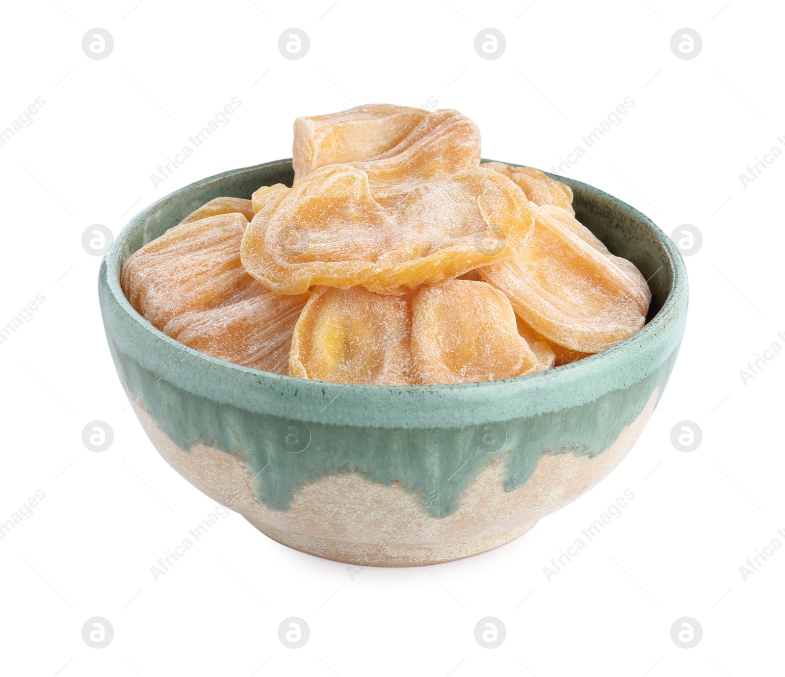 Photo of Delicious dried jackfruit slices in bowl isolated on white