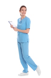 Photo of Full length portrait of medical doctor with clipboard isolated on white