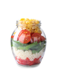 Healthy salad in glass jar isolated on white