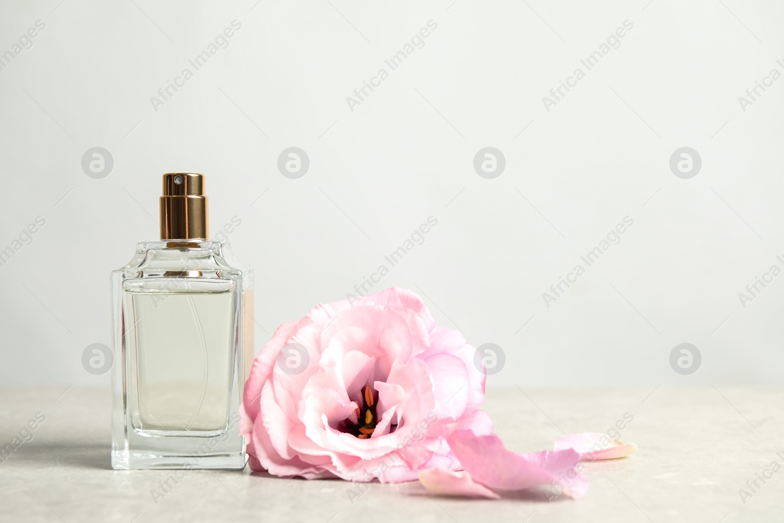 Photo of Bottle of perfume and beautiful eustoma flower on light table. Space for text