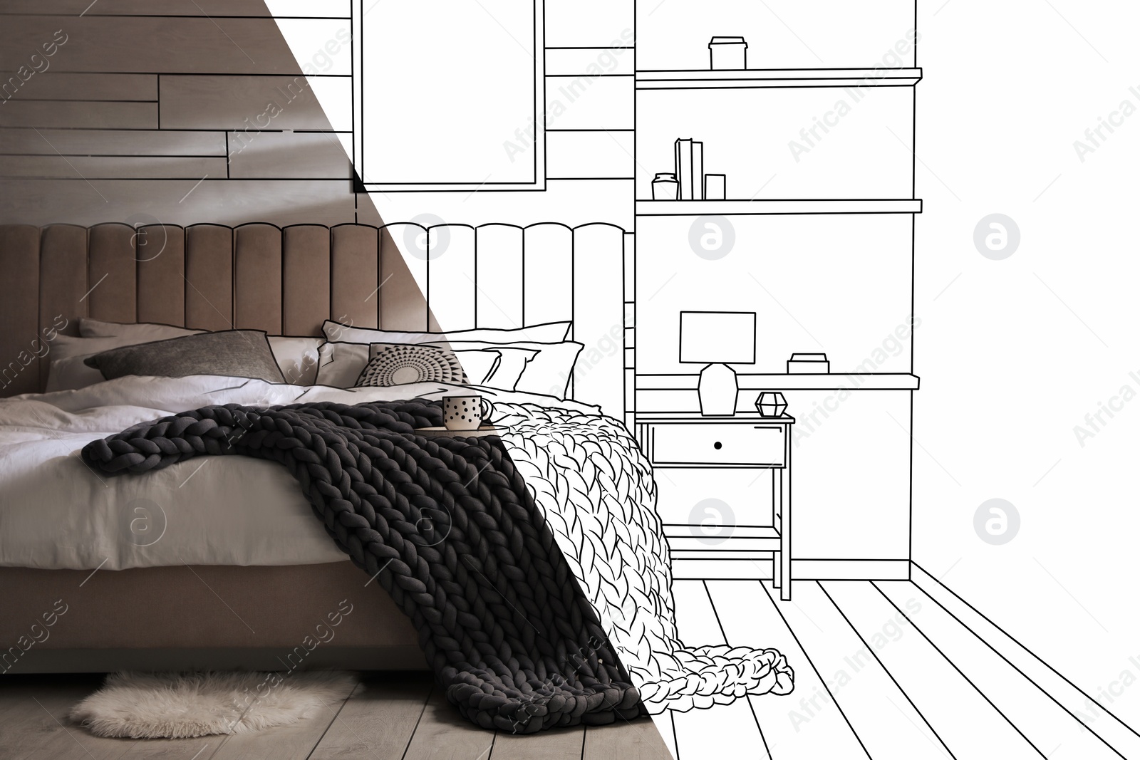 Image of From idea to realization. Cozy bedroom interior. Collage of photo and sketch