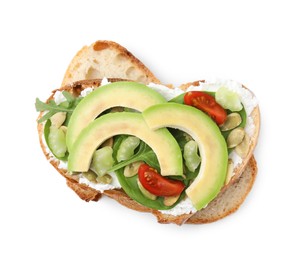 Photo of Tasty vegan sandwich with avocado, tomato and spinach isolated on white, top view