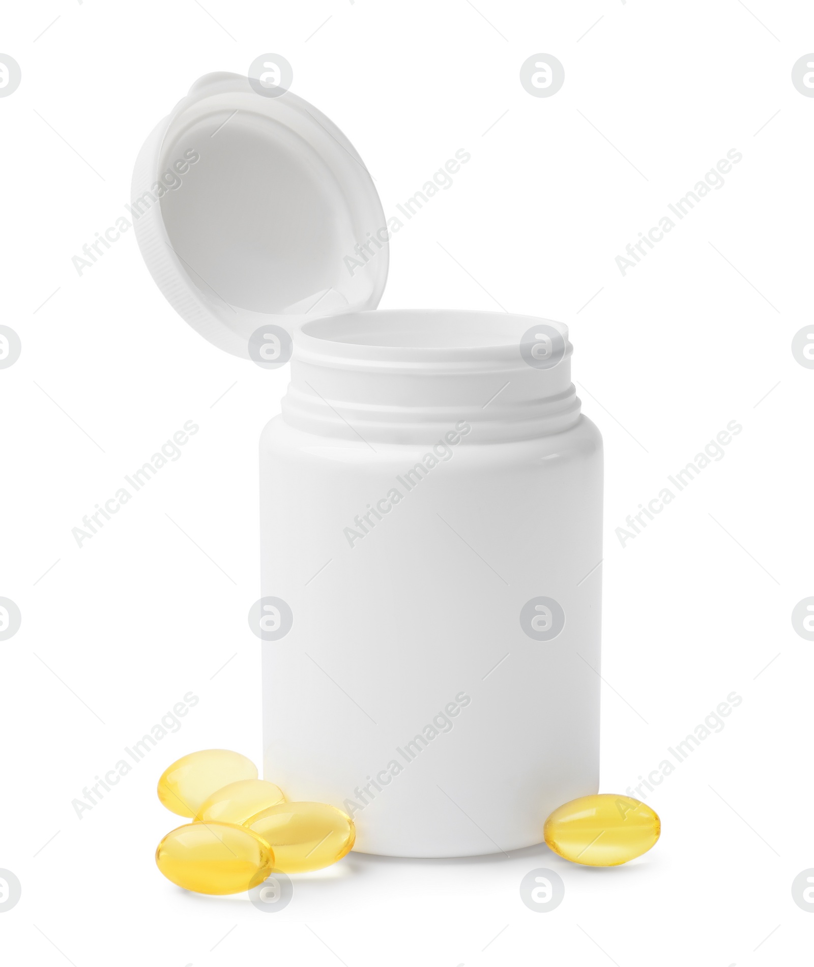 Photo of Bottle with vitamin capsules isolated on white