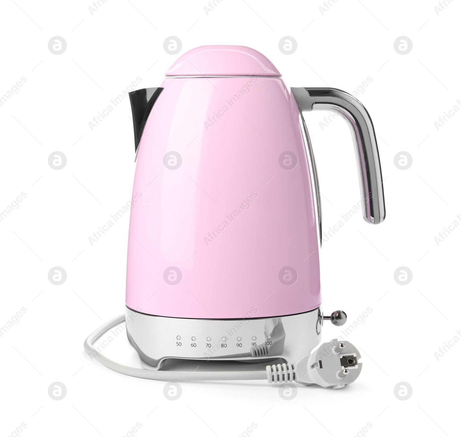 Photo of Modern pink electric kettle with base and plug isolated on white