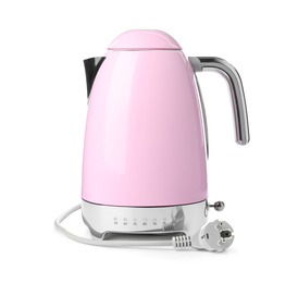 Photo of Modern pink electric kettle with base and plug isolated on white