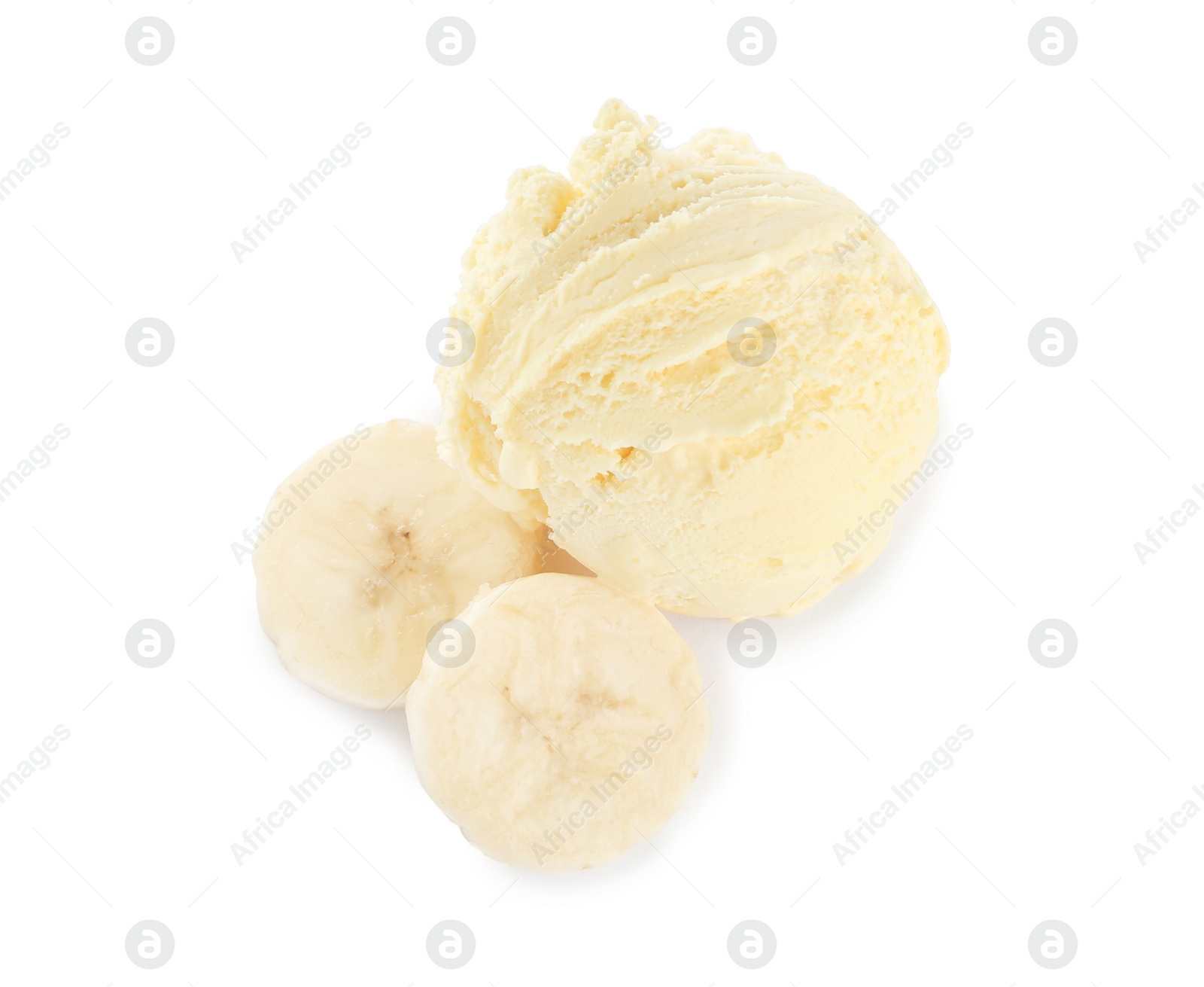 Photo of Delicious banana ice cream isolated on white, top view