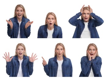 Surprised woman on white background, collage of photos