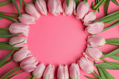 Photo of Beautiful spring tulips on pink background, flat lay. Space for text