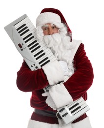 Photo of Santa Claus with synthesizer on white background. Christmas music