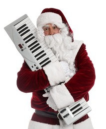 Santa Claus with synthesizer on white background. Christmas music