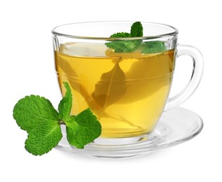 Fresh green tea in glass cup, mint and saucer isolated on white