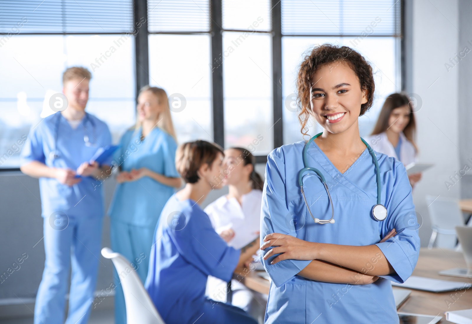 Photo of Smart medical student with her classmates in college