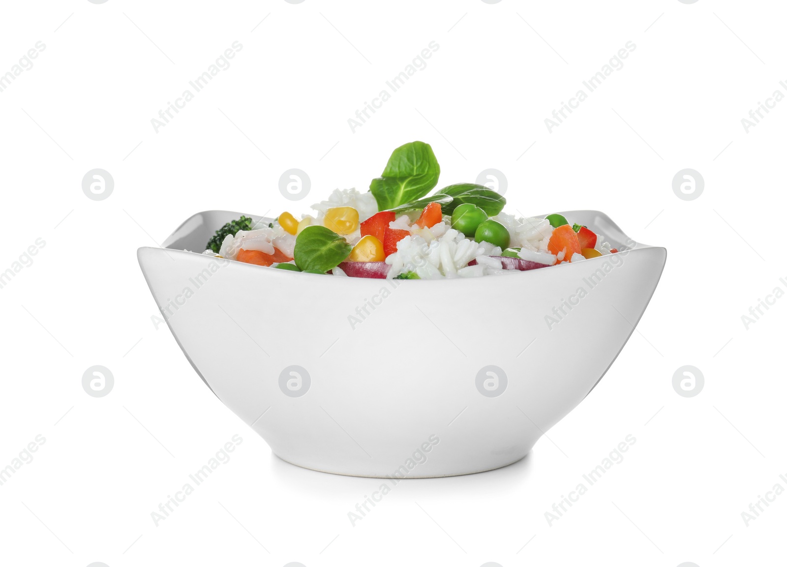 Photo of Bowl with tasty rice and vegetables on white background