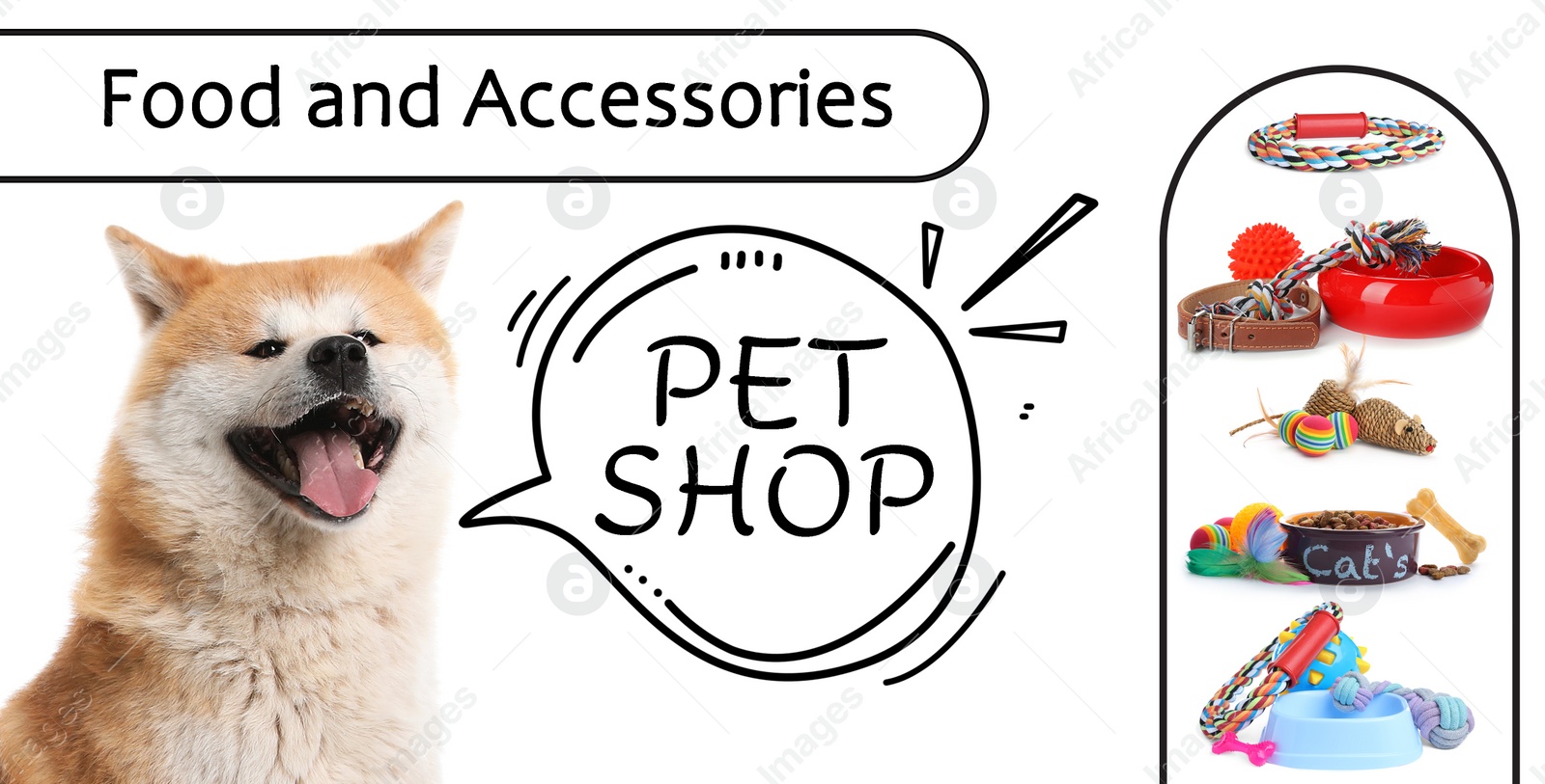 Image of Advertising banner design for pet shop. Cute dog and different accessories on white background