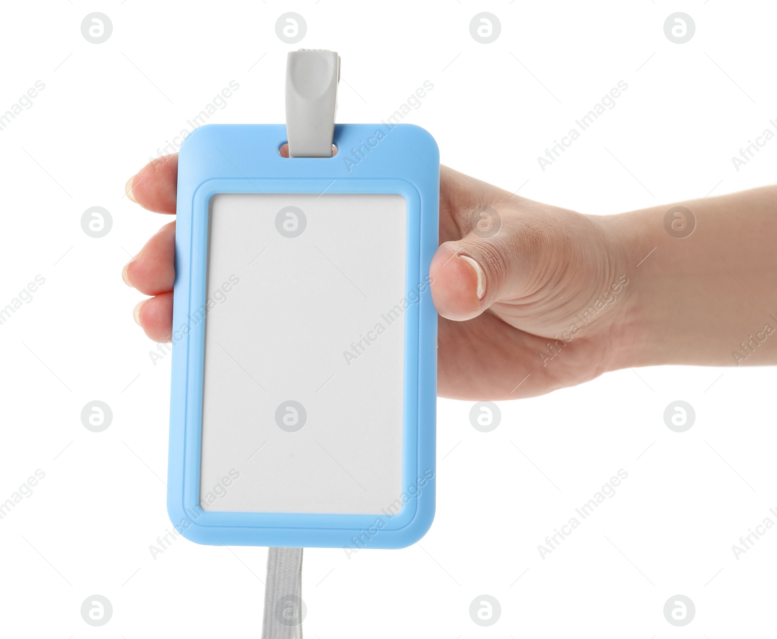 Photo of Woman holding blank badge with string on white background