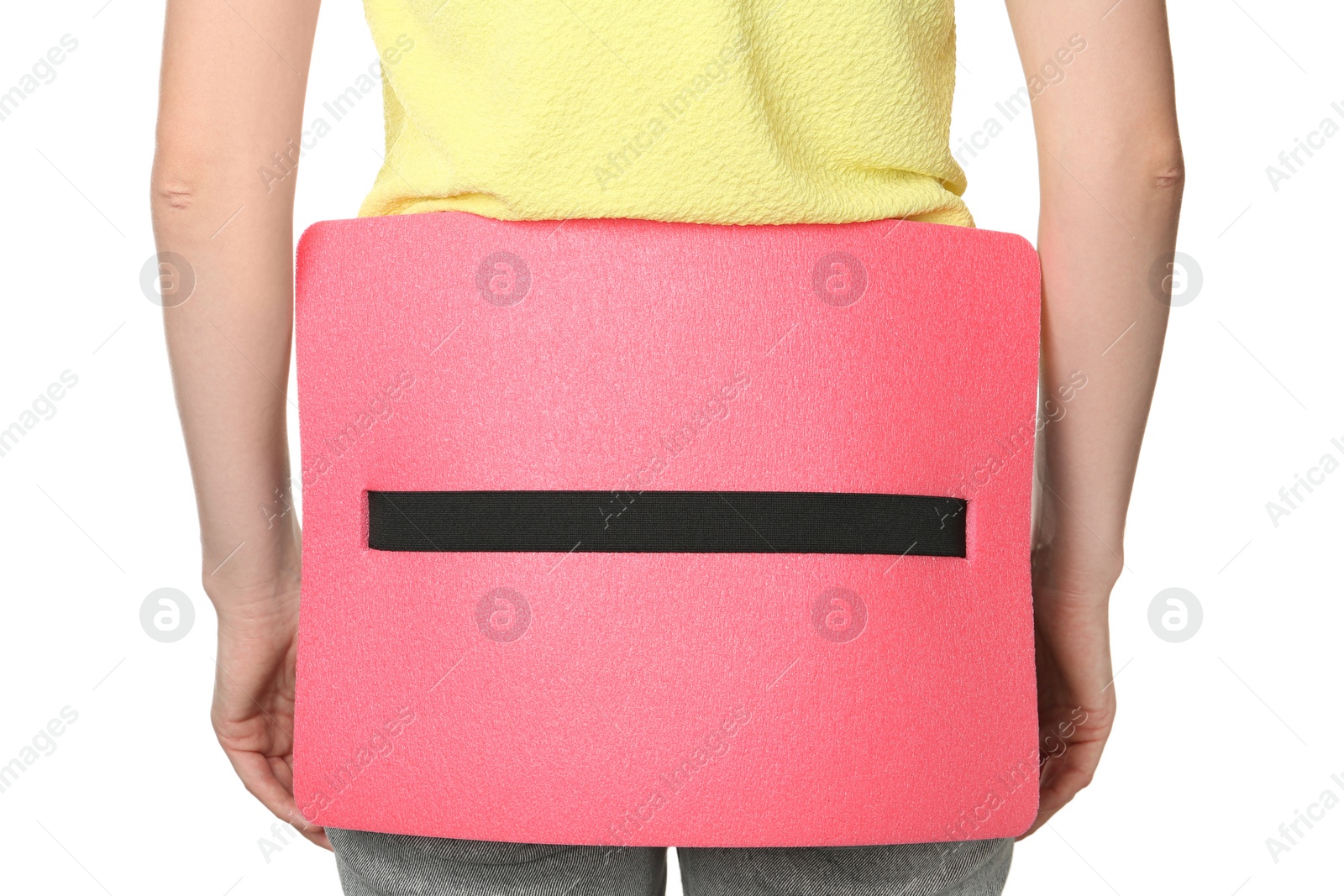 Photo of Woman with foam tourist seat mat on white background, closeup