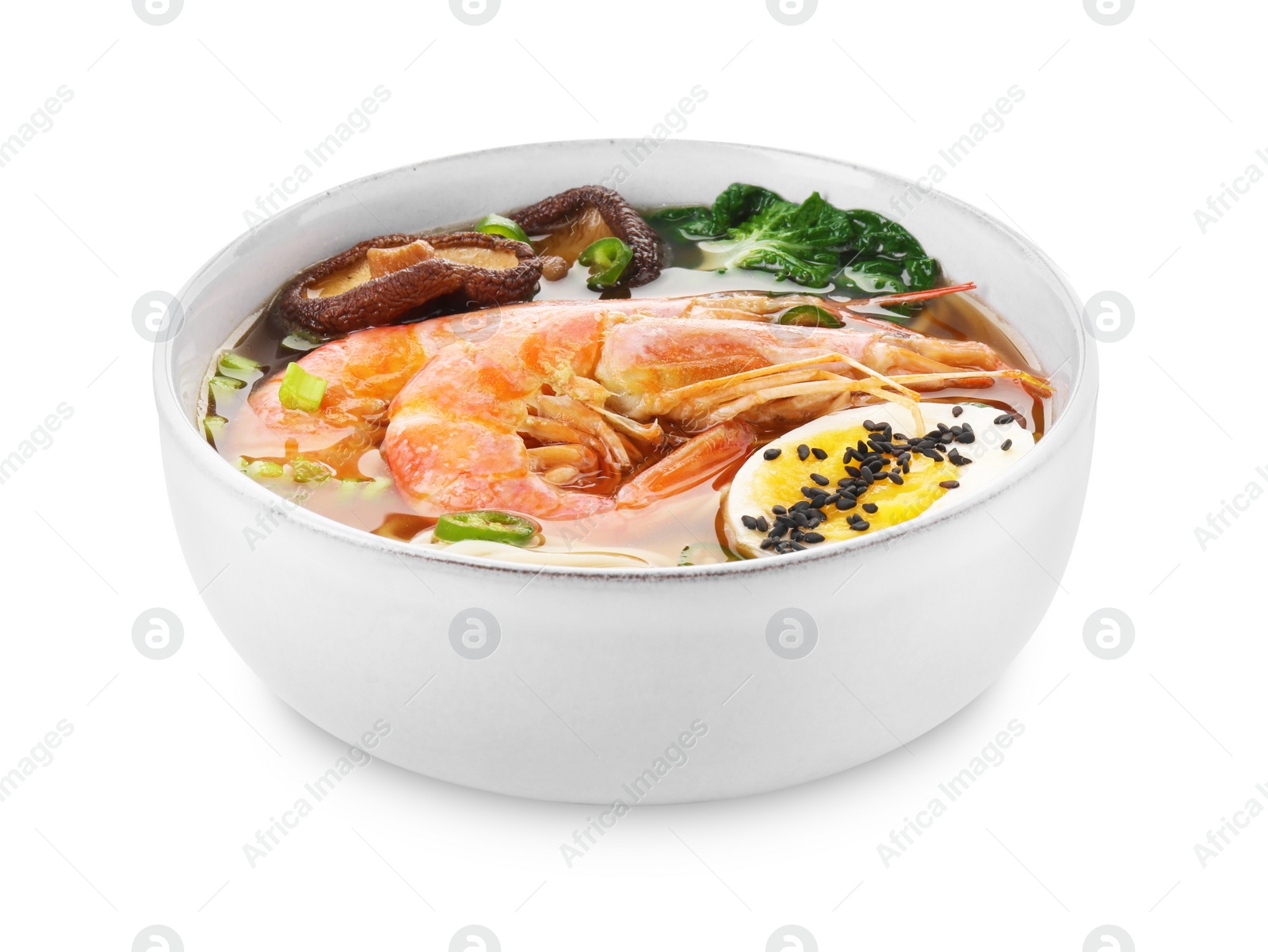 Photo of Delicious ramen with shrimps and egg in bowl isolated on white. Noodle soup