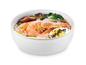 Delicious ramen with shrimps and egg in bowl isolated on white. Noodle soup
