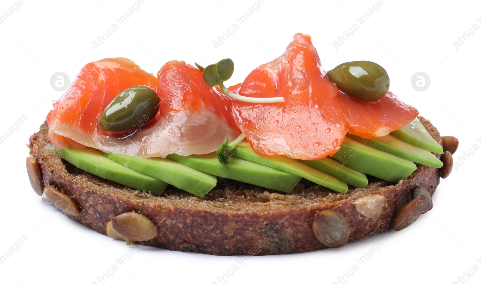 Photo of Delicious sandwich with salmon, avocado and capers isolated on white