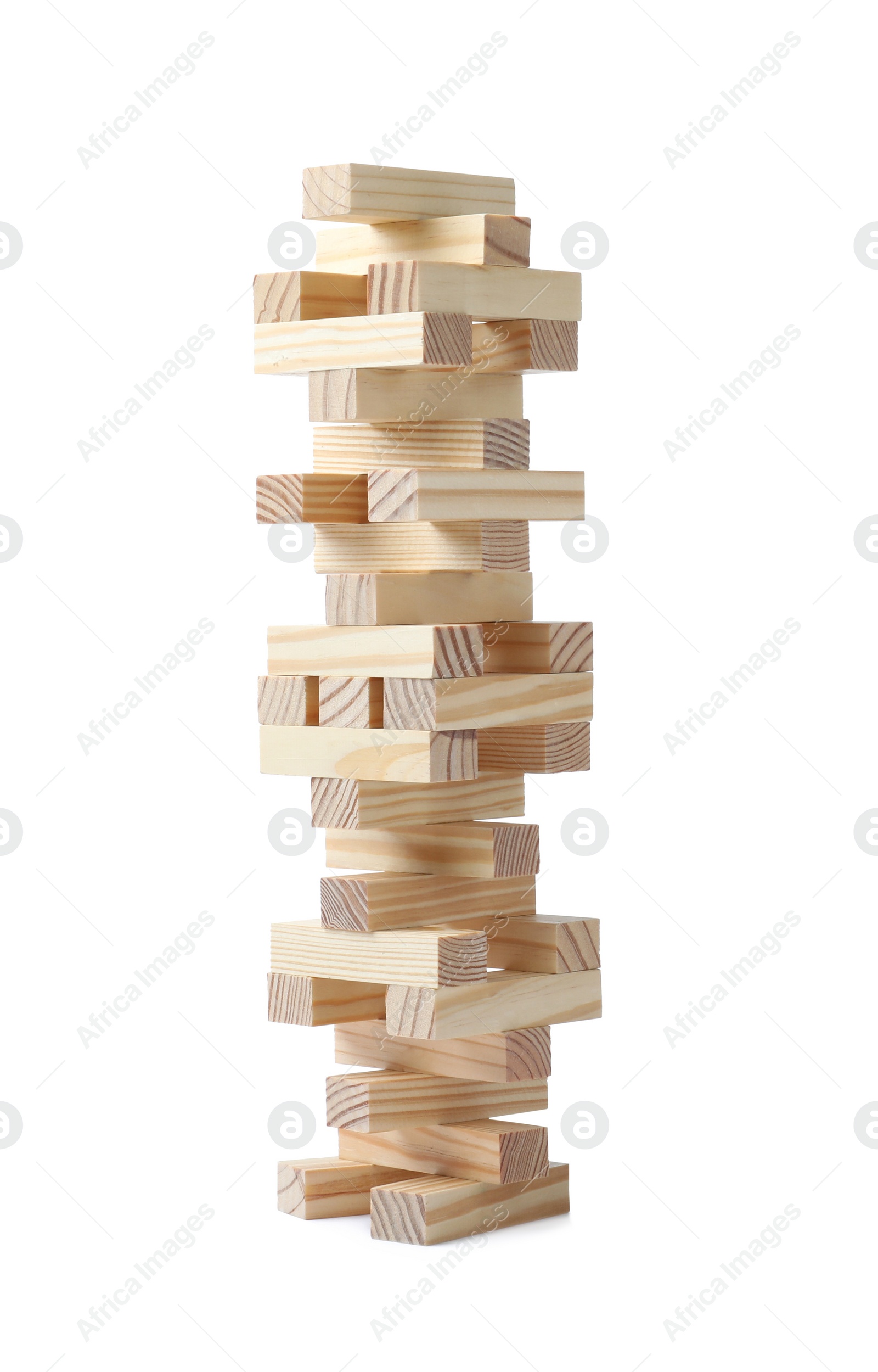 Photo of Jenga tower made of wooden blocks on white background