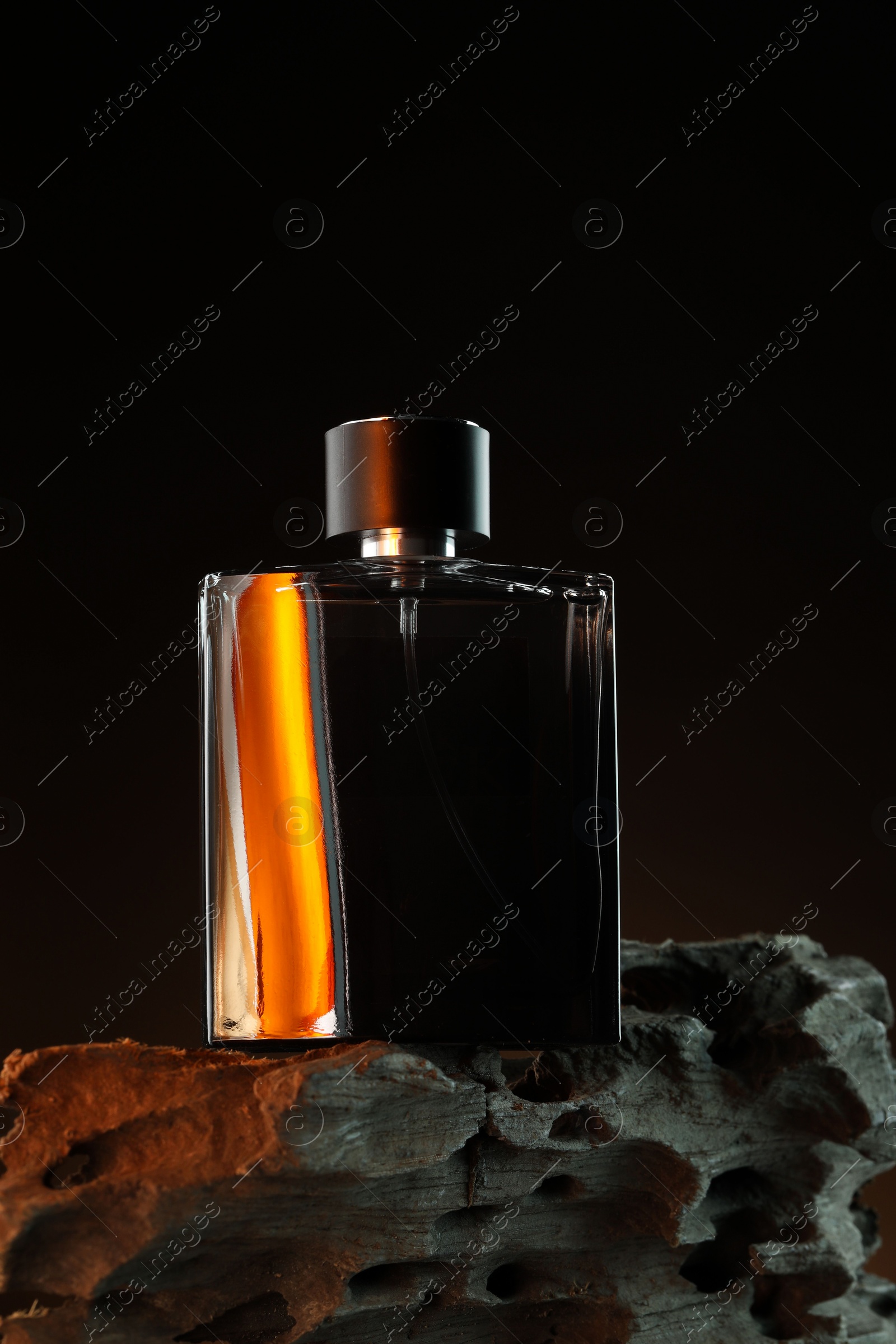 Photo of Luxury men`s perfume in bottle against dark background