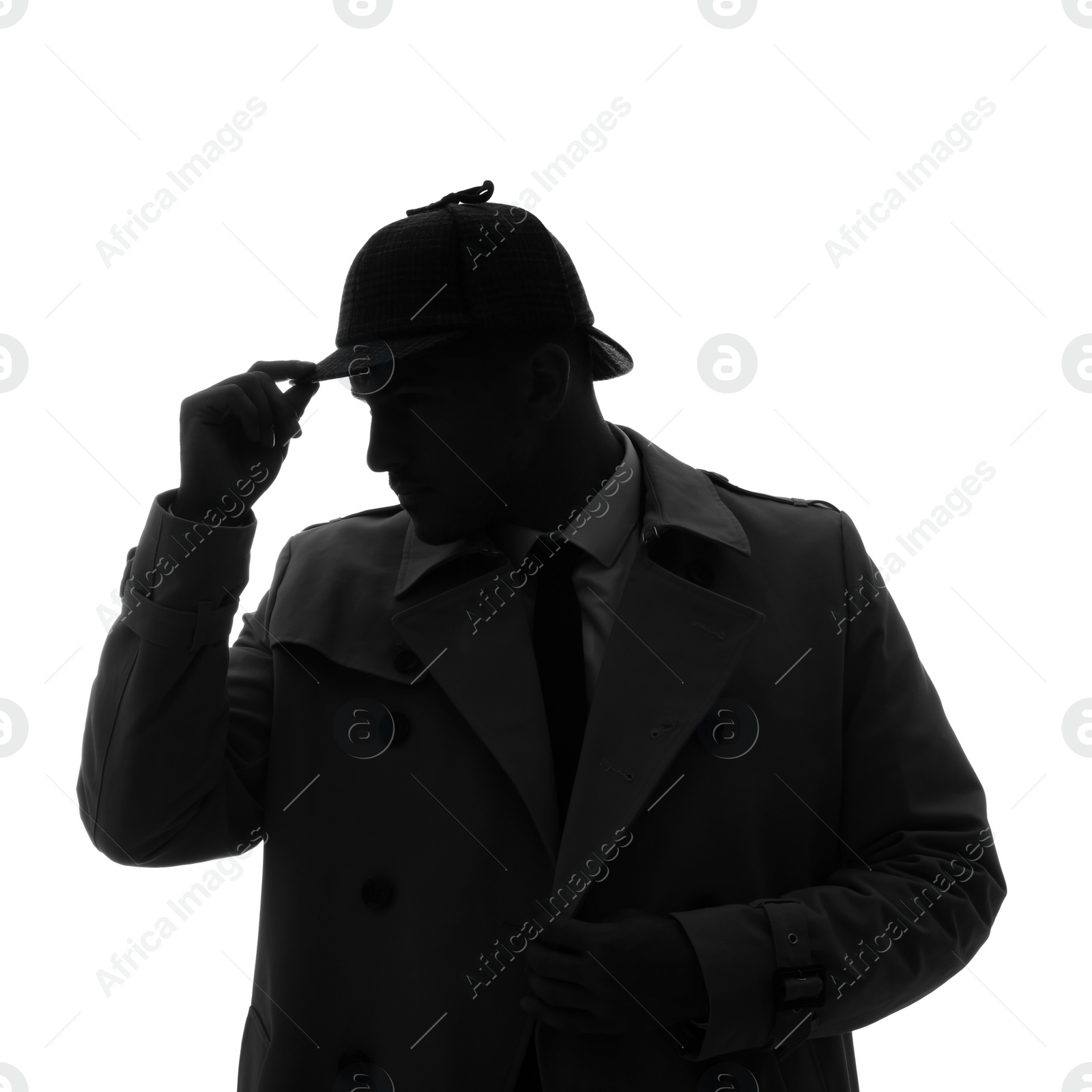 Photo of Old fashioned detective in hat on white background