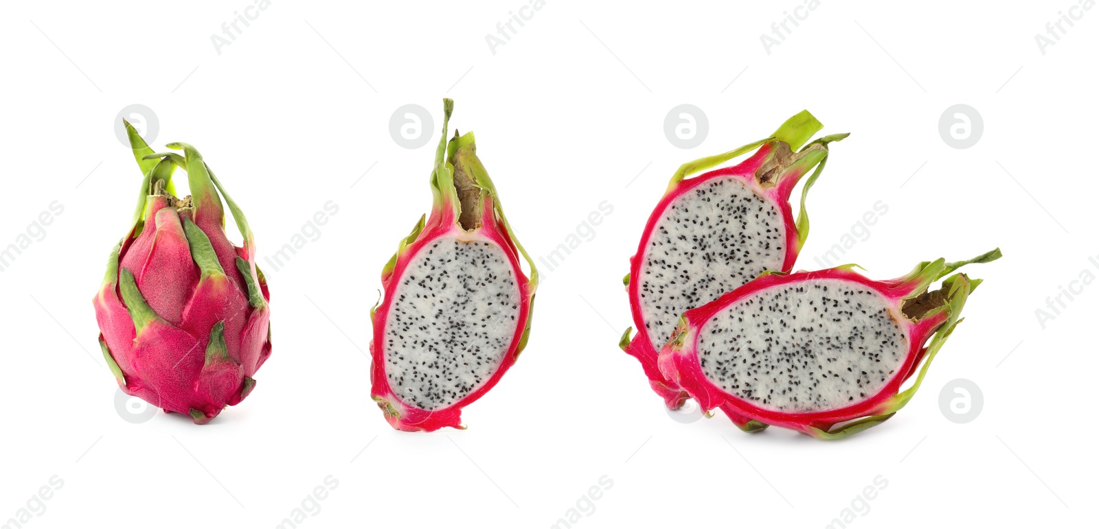 Image of Set with delicious pink dragon fruits (pitahaya) on white background. Banner design