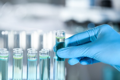 Photo of Doctor holding test tube with sample for analysis in laboratory, closeup