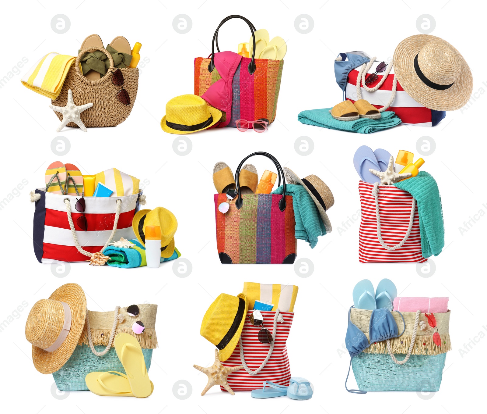 Image of Set with different stylish bags and beach accessories on white background 
