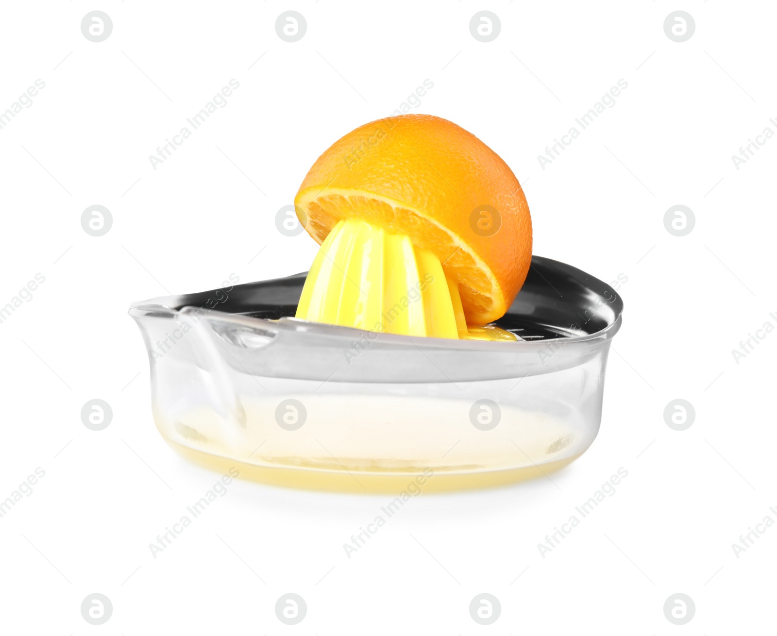 Photo of Cut fresh ripe orange and squeezer on white background
