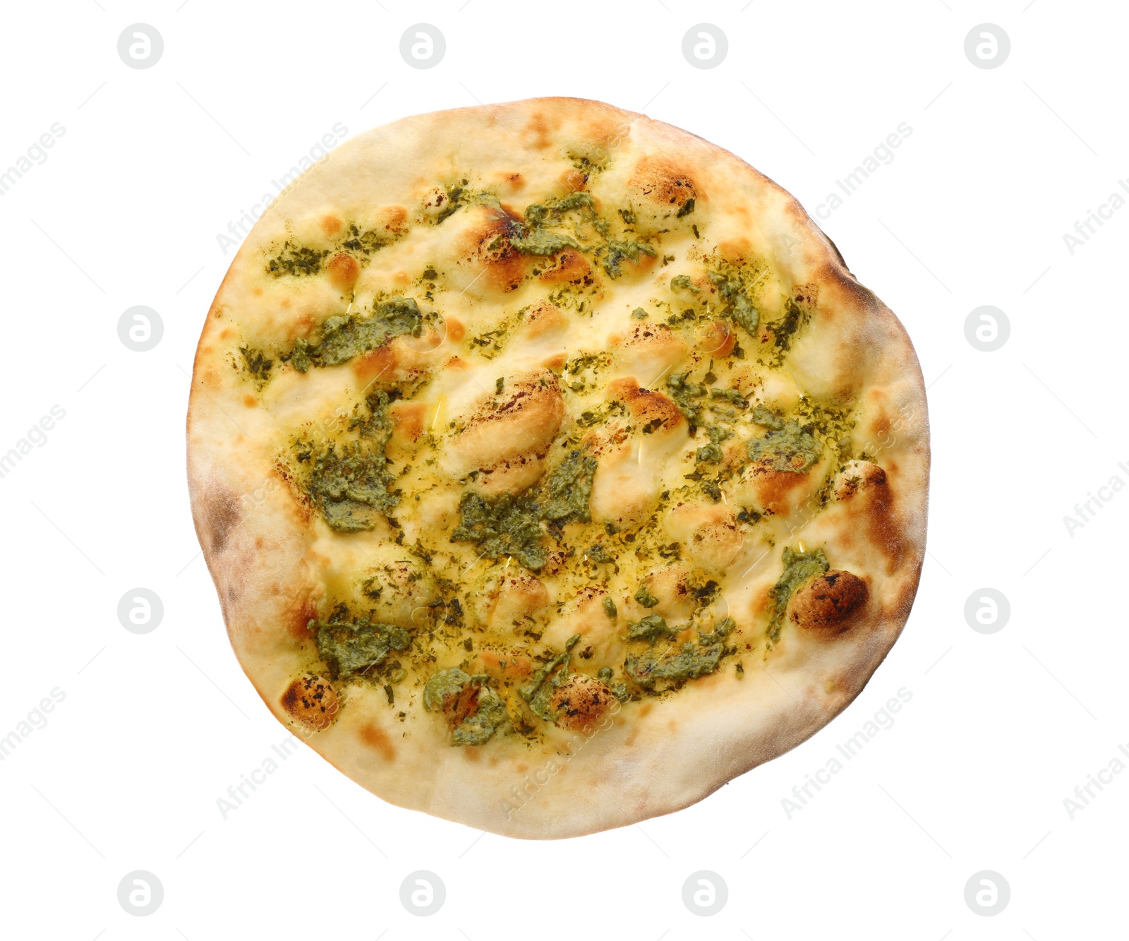 Photo of Traditional Italian focaccia bread with guacamole isolated on white, top view