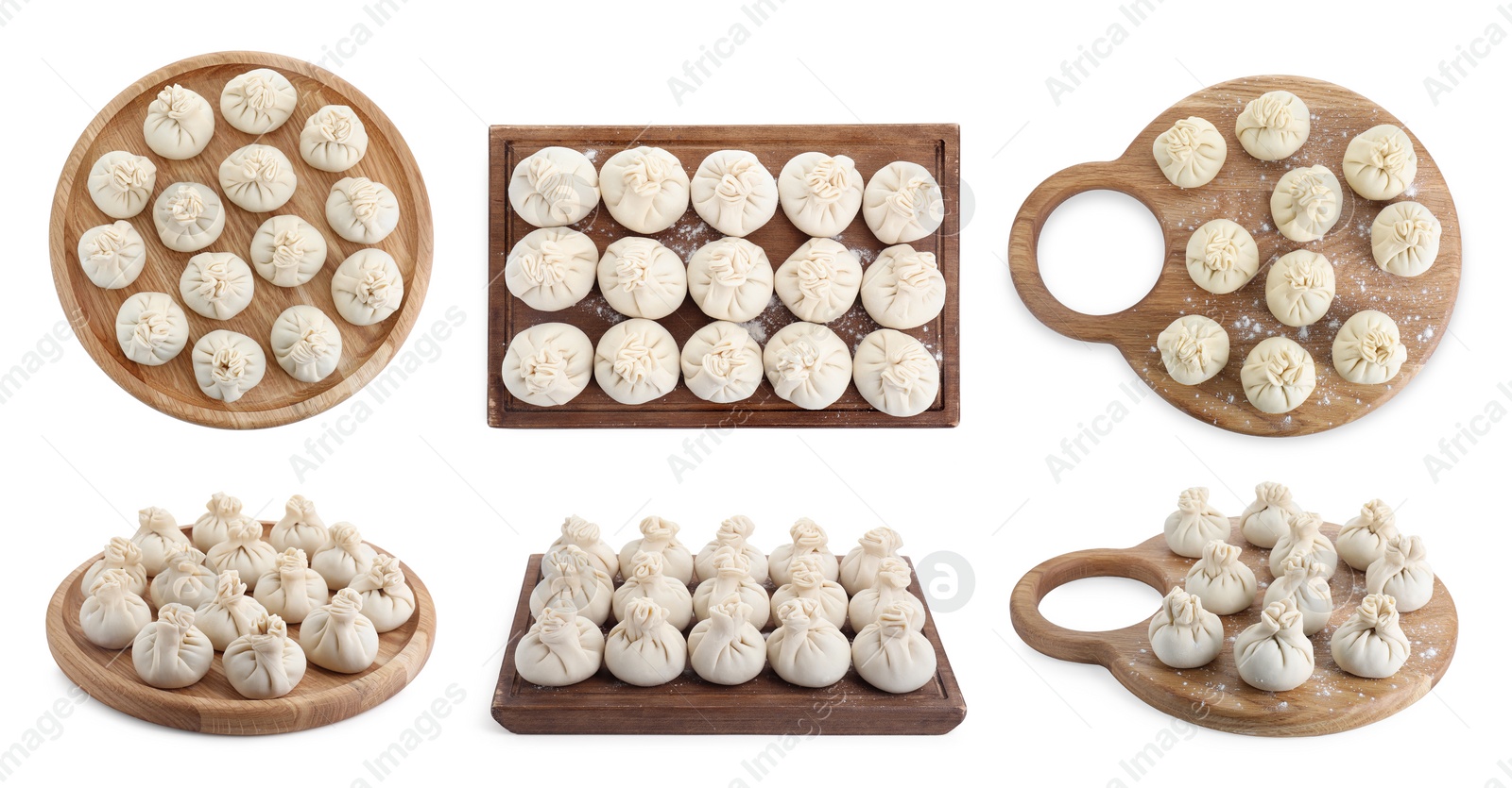 Image of Set of uncooked khinkalis (dumplings) isolated on white, top and side views