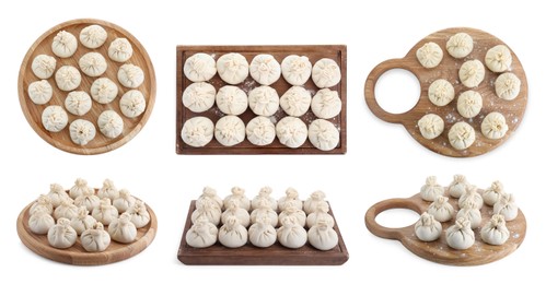 Image of Set of uncooked khinkalis (dumplings) isolated on white, top and side views