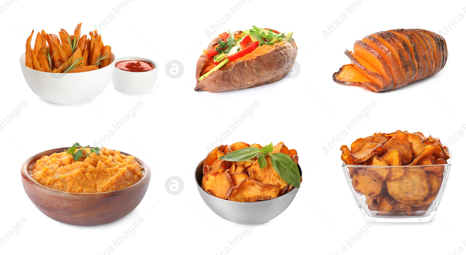 Image of Set of delicious cooked sweet potatoes on white background