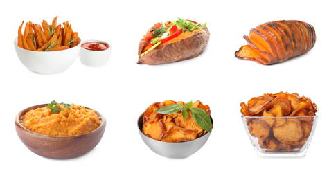 Set of delicious cooked sweet potatoes on white background